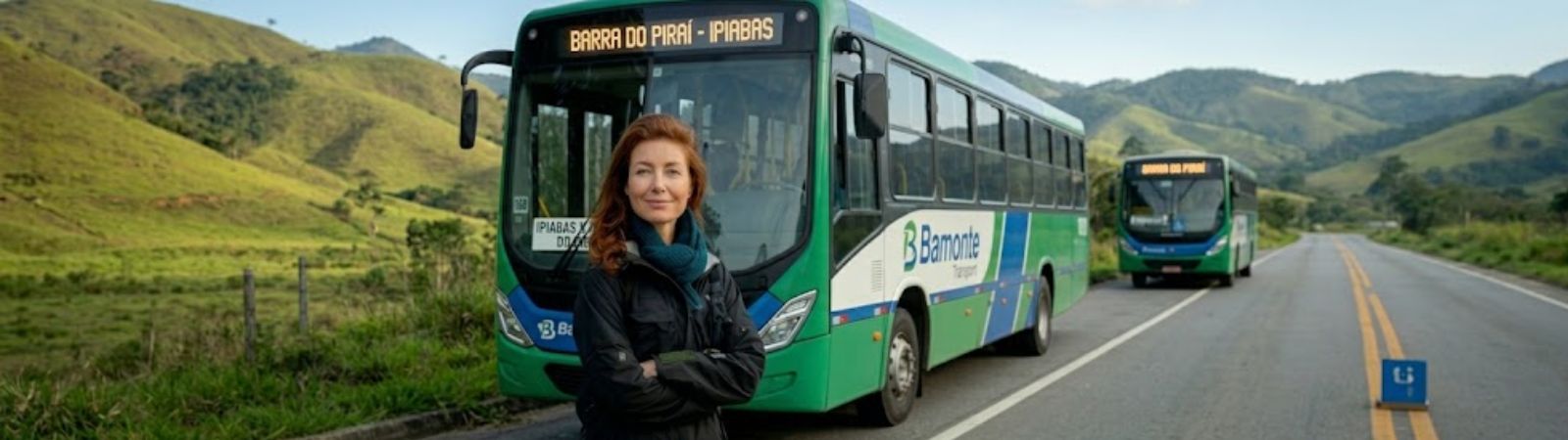 Motorista profissional à frente de um ônibus verde com letreiro digital indicando a rota entre Barra do Piraí e Ipiabas.