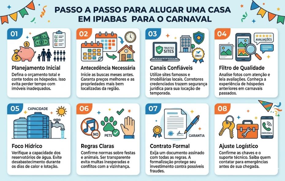 Infográfico com fundo azul claro decorado com confetes e bandeirolas coloridas apresentando oito cartões brancos organizados em duas fileiras horizontais com ilustrações modernas sobre locação de imóveis. O título principal está centralizado no topo com letras escuras e cada bloco informativo contém um número de identificação colorido seguido por ícones gráficos representando planejamento financeiro, calendários de reserva, segurança digital, análise de fotos, abastecimento de água, regras de convivência, formalização contratual e logística final.