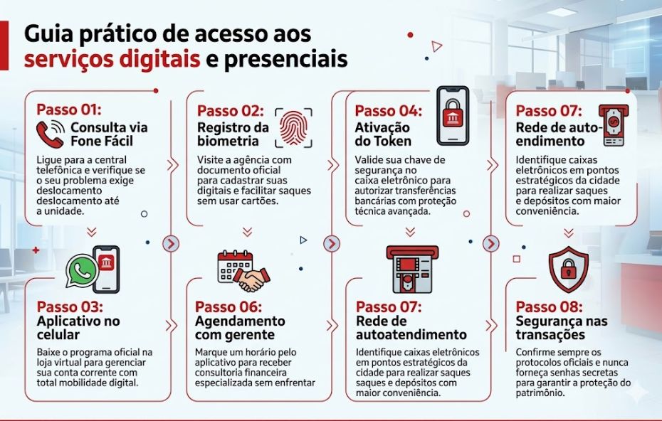 Um infográfico profissional com fundo claro apresenta um guia de oito passos organizado em duas colunas. O título no topo diz Guia prático de acesso aos serviços digitais e presenciais com a palavra digitais em vermelho. Cada passo tem um ícone colorido e texto explicativo dentro de caixas. Os passos incluem consulta telefônica, biometria, aplicativo móvel, token, WhatsApp com IA, agendamento de consultoria, rede de caixas eletrônicos e segurança.