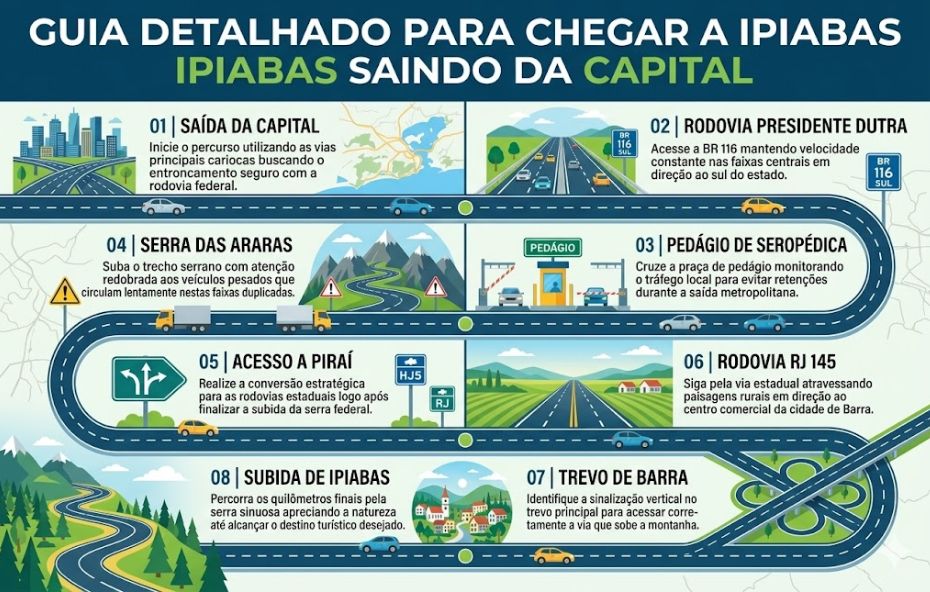 Um infográfico colorido com um mapa ilustrado e oito passos numerados que orientam motoristas na viagem da capital do Rio de Janeiro até o distrito de Ipiabas.