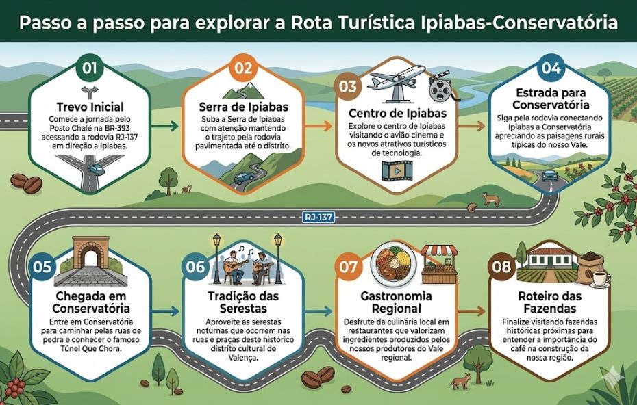 Um infográfico colorido com um fundo de colinas verdes e campos de café. No topo está o título Passo a passo para explorar a Rota Turística Ipiabas Conservatória. Uma estrada sinuosa com a placa RJ 137 segue oito passos numerados em hexágonos. Passo zero um Trevo Inicial. Passo zero dois Serra de Ipiabas. Passo zero três Centro de Ipiabas. Passo zero quatro Estrada para Conservatória. Passo zero cinco Chegada em Conservatória. Passo zero seis Tradição das Serestas. Passo zero sete Gastronomia Regional. Passo zero oito Roteiro das Fazendas. Cada passo tem um ícone ilustrativo e um pequeno texto descritivo. Grãos de café e pequenos animais estão espalhados pela cena.