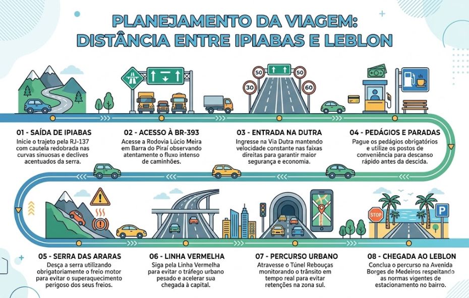 Infográfico horizontal ilustrado com fundo azul claro apresentando um mapa rodoviário estilizado em formato de S que conecta Ipiabas ao Leblon. O design utiliza ícones coloridos de carros, montanhas, pedágios, túneis e palmeiras para identificar oito passos logísticos numerados. Cada etapa contém instruções técnicas sobre as rodovias RJ-137, BR-393, Via Dutra, Serra das Araras, Linha Vermelha e o destino final na Zona Sul carioca.