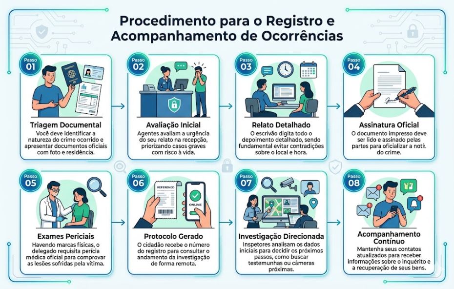 Infográfico detalhando oito etapas do registro policial desde a triagem documental até o acompanhamento final do inquérito.