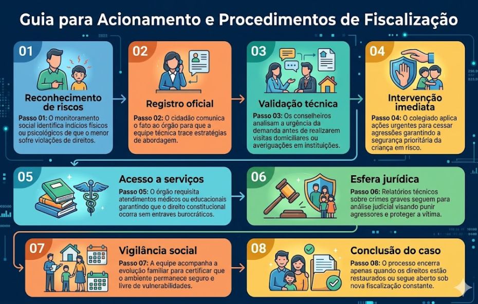 Infográfico colorido organizado em oito blocos numerados que detalham o fluxo de atendimento desde o reconhecimento de riscos até a conclusão do caso.