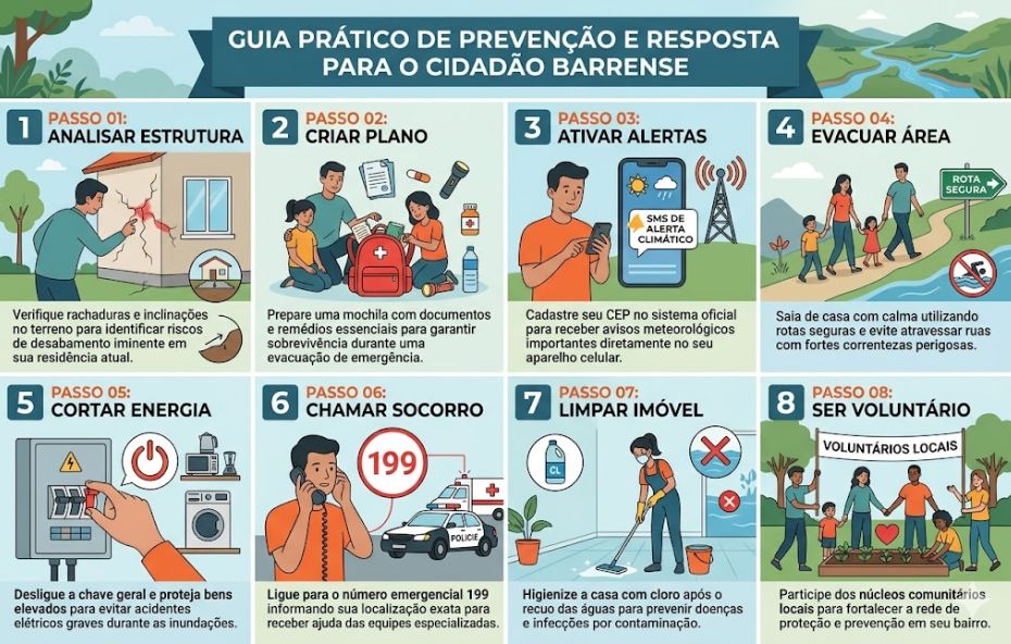 Infográfico educativo organizado em oito quadros numerados que ilustram passos de segurança desde a análise de rachaduras até o voluntariado comunitário em situações de emergência.