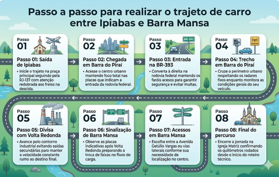 Infográfico com fundo azul e verde apresentando oito quadros numerados que descrevem as etapas de uma viagem de carro.