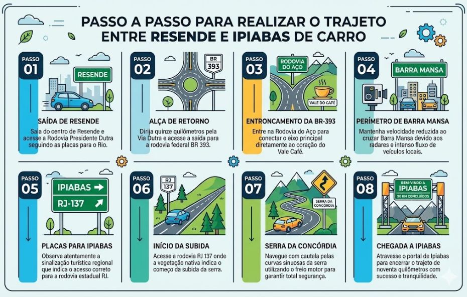 Infográfico ilustrado com oito etapas numeradas descrevendo o trajeto de carro de Resende até o distrito de Ipiabas.
