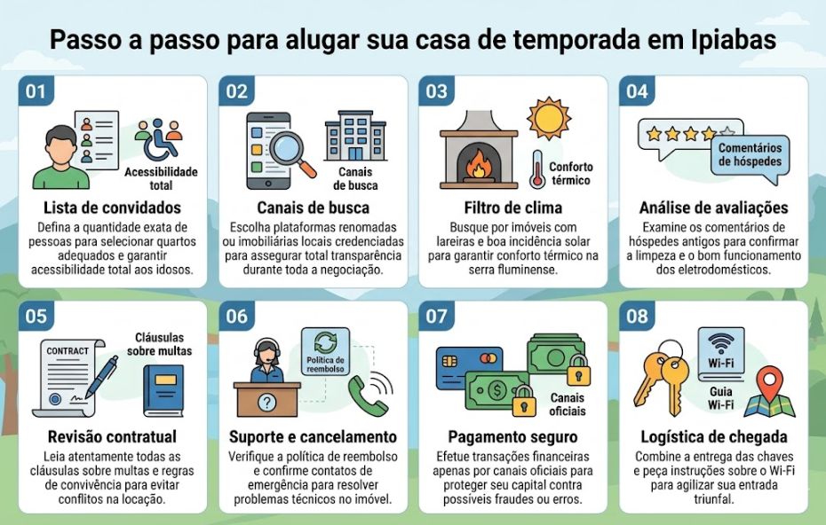 Um infográfico moderno e limpo, dividido em oito painéis numerados sequencialmente de 01 a 08, com ícones coloridos e texto explicativo em português. O título no topo lê 'Passo a passo para alugar sua casa de temporada em Ipiabas'. Cada painel detalha uma etapa do processo de locação, com ilustrações correspondentes como pessoas com listas, smartphones com lupas, lareiras e sol, estrelas de avaliação, documentos contratuais, help desks, cartões de crédito e chaves com mapas. O estilo é de ilustração digital com uma paleta de azuis, verdes, laranjas e amarelos.