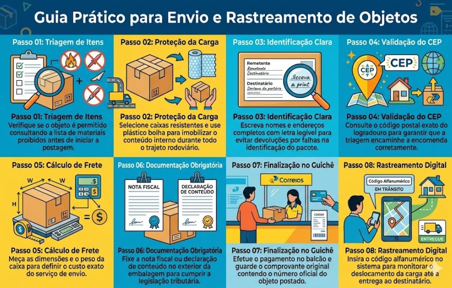 Um infográfico colorido dividido em oito painéis numerados, organizados em duas linhas, explicando o processo de postagem e monitoramento de pacotes.