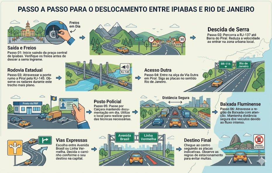 Um infográfico colorido com ilustrações em quadrinhos organizadas em oito passos numerados que mostram o trajeto de carro de Ipiabas ao Rio de Janeiro com dicas de segurança e rotas.