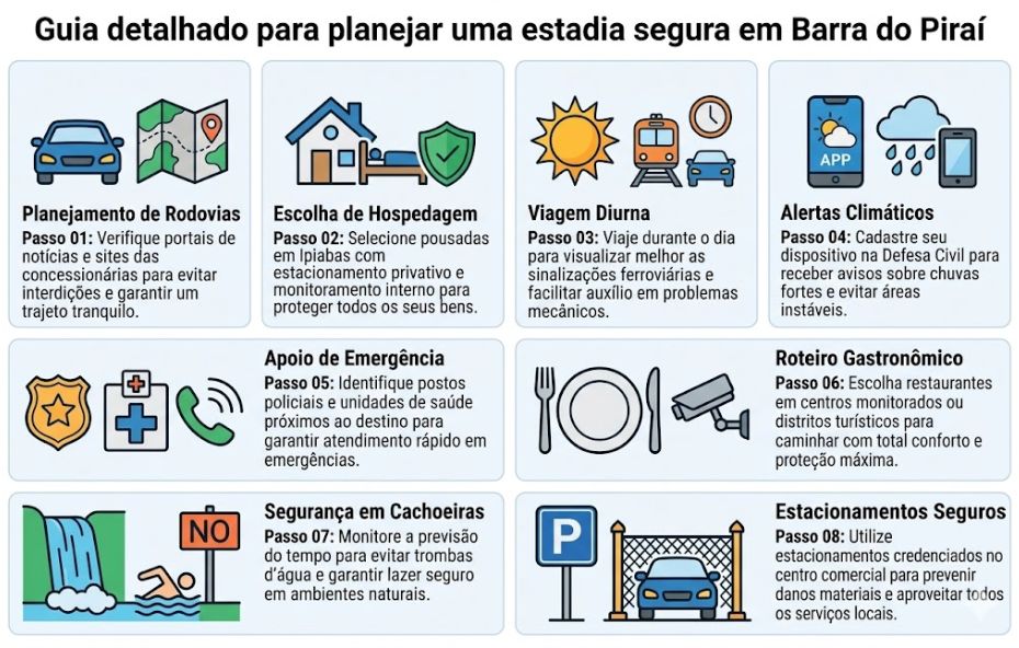 Infográfico com oito blocos coloridos contendo ícones e orientações numeradas sobre segurança rodoviária, hospedagem, clima e serviços em Barra do Piraí.