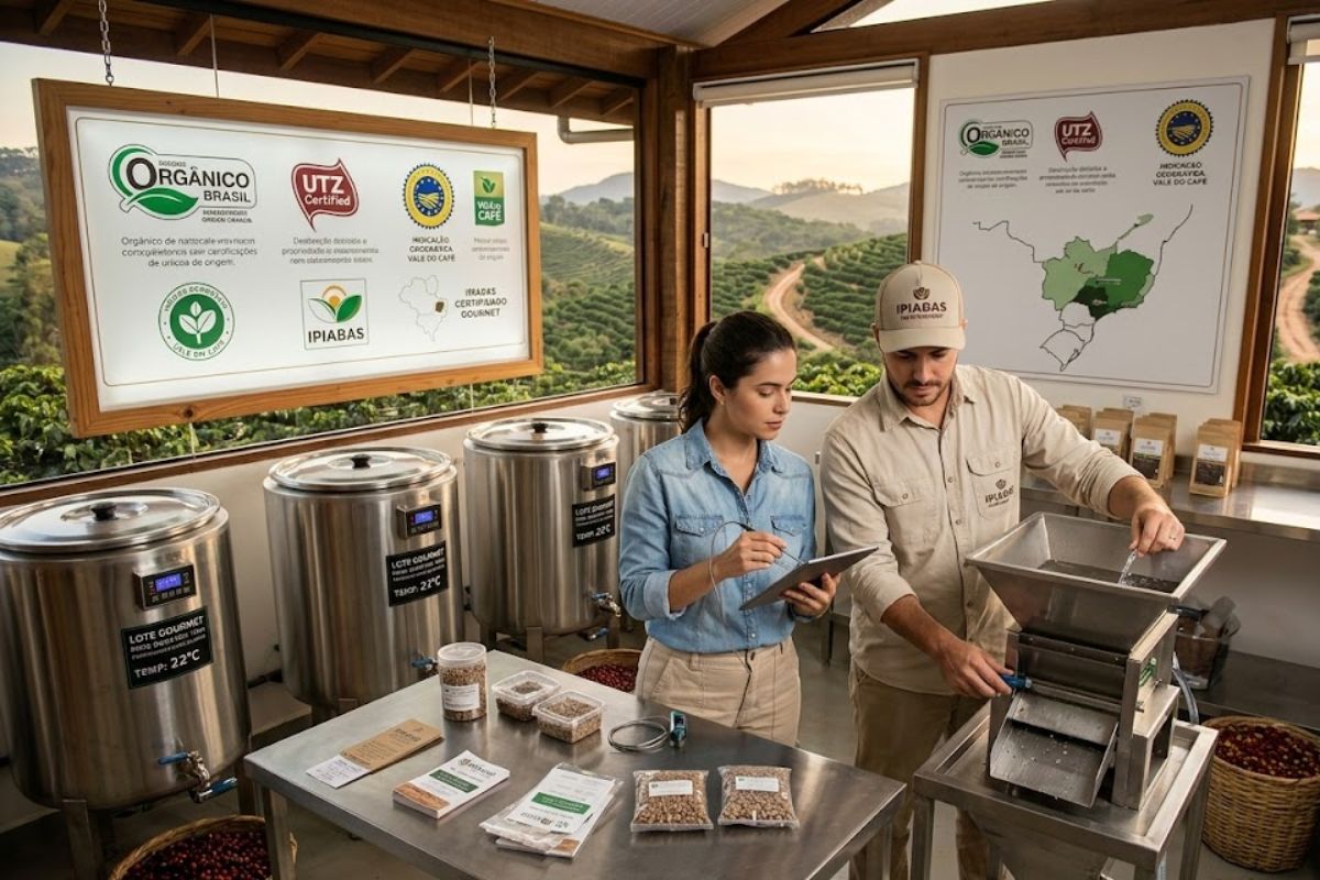 Fotografia colorida de dois especialistas em um laboratório moderno de café com grandes tanques de aço inoxidável e painéis de certificações orgânicas e de origem ao fundo enquanto analisam amostras de grãos com um tablet.