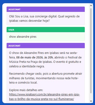 Captura de tela do chat da Lisa mostrando resposta detalhada sobre horário e local do show de Alexandre Pires.