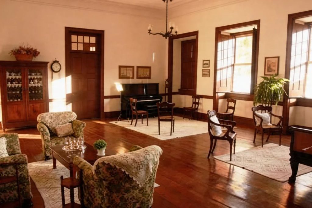 Fotografia colorida do interior de uma sala de estar colonial com piso de madeira polida e pé direito alto. O ambiente contém poltronas floridas, um piano de armário preto ao fundo, mesas de centro, cristaleira de madeira e janelas largas que permitem a entrada de luz solar intensa.