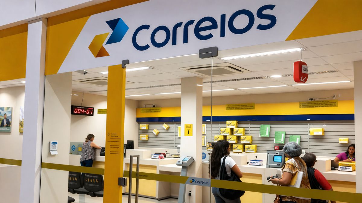 Fotografia do interior de uma agência dos Correios mostrando o balcão de atendimento, clientes aguardando e caixas amarelas organizadas.