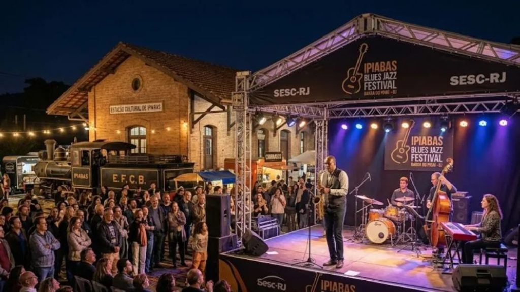Palco do Ipiabas Blues Jazz Festival com banda de jazz se apresentando, público reunido e antiga estação ferroviária iluminada ao fundo.