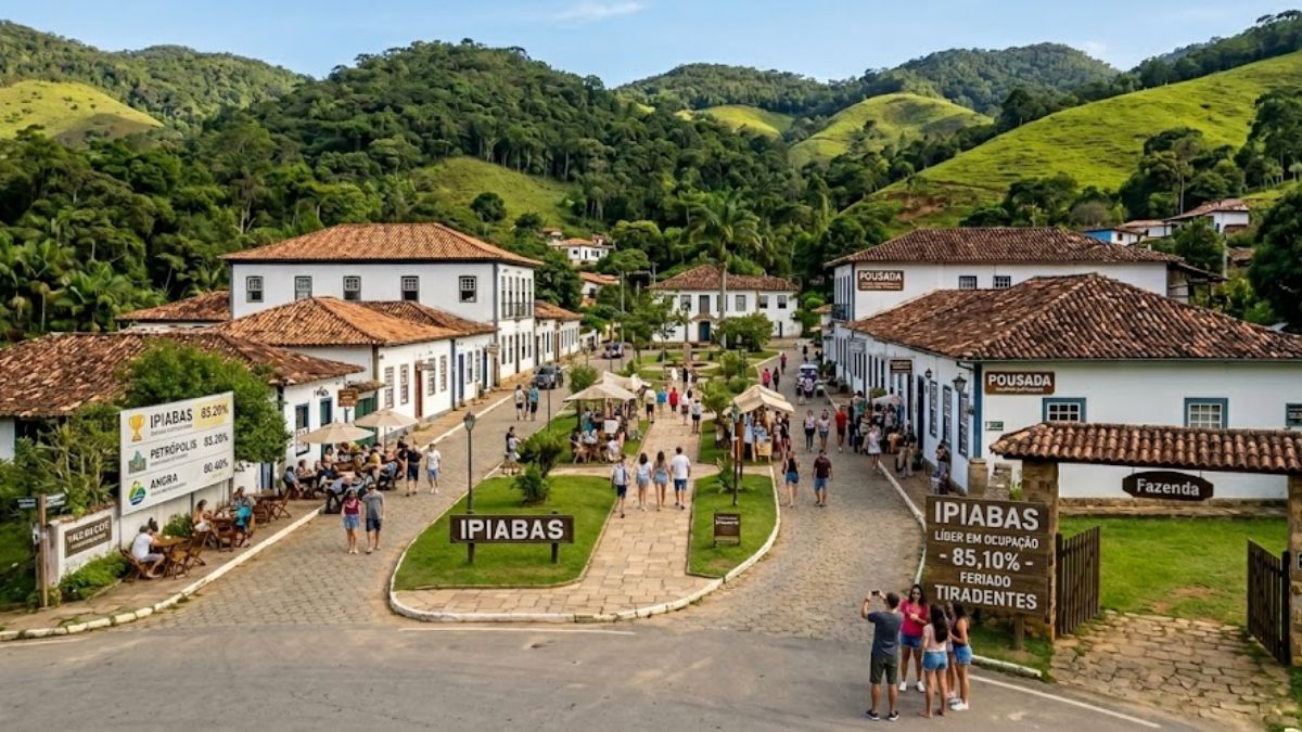 Vista aérea de uma vila histórica com casarões coloniais brancos e ruas de paralelepípedo repletas de turistas sob céu azul.