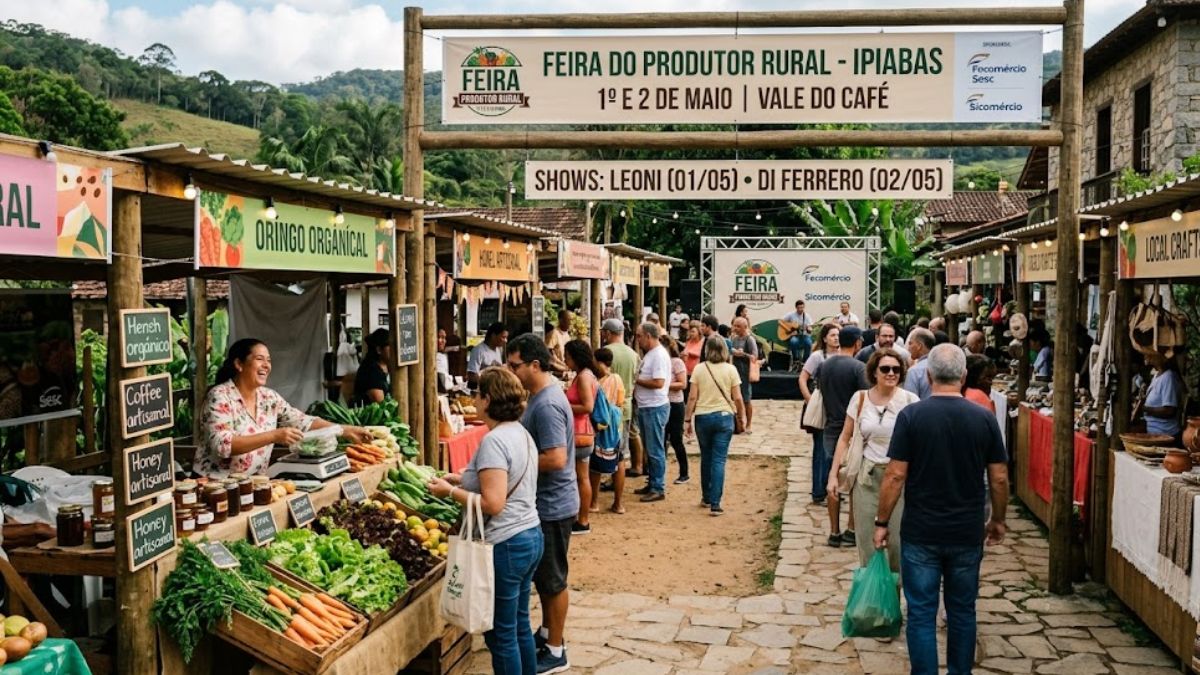 Fotografia colorida de uma movimentada feira de produtores rurais ao ar livre com barracas de madeira e faixas informativas sobre shows musicais em Ipiabas.