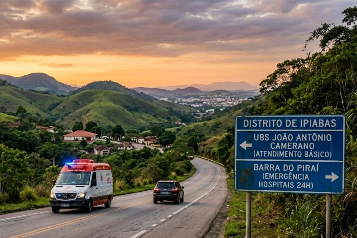 Fotografia realista de uma ambulância branca com luzes de emergência ligadas percorrendo uma rodovia sinuosa cercada por montanhas verdes. Ao lado da pista, uma placa azul sinaliza a direção da UBS João Antônio Camerano em Ipiabas e os hospitais 24 horas em Barra do Piraí durante o pôr do sol.