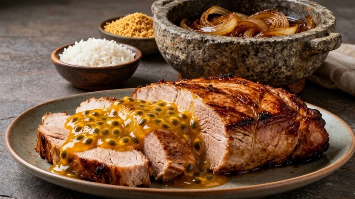 Lombo suíno fatiado e grelhado, coberto com molho de maracujá encorpado e suas sementes, servido em um prato de cerâmica rústica. Ao fundo, em bowls de barro, há farofa de milho, arroz branco soltinho e cebolas caramelizadas em uma panela de pedra.