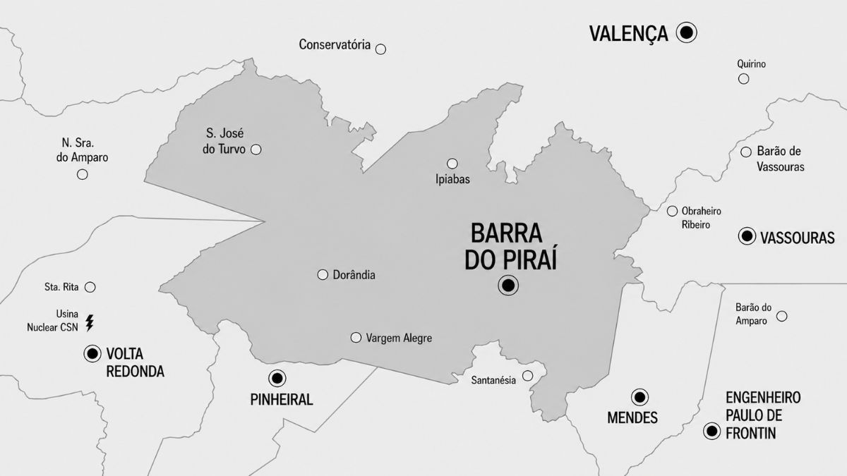 Mapa em tons de cinza destacando o território de Barra do Piraí e seus distritos cercado por municípios vizinhos fluminenses.