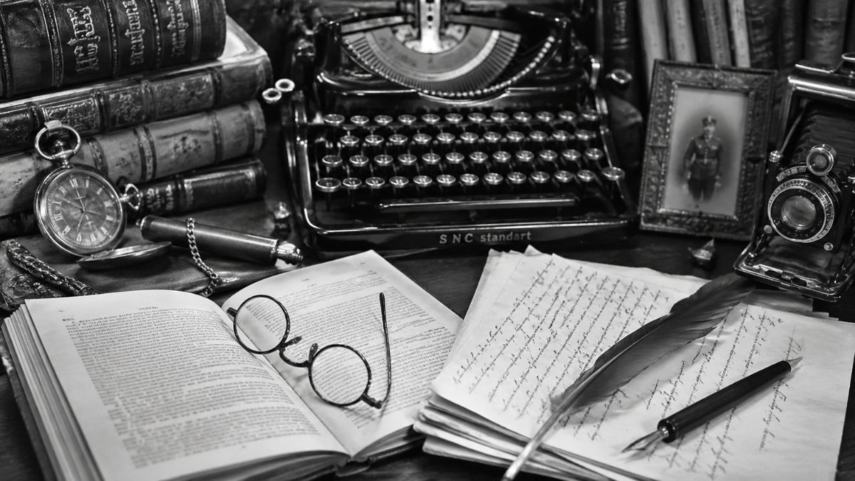 Fotografia em preto e branco de uma mesa de estudos antiga com máquina de escrever, livros empilhados, óculos sobre um livro aberto e manuscritos.