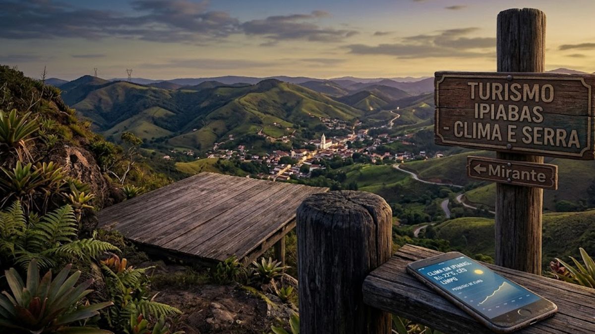 Um mirante de madeira sobre a borda de uma colina íngreme oferece uma vista panorâmica de uma pequena cidade no vale e montanhas distantes sob um céu ao pôr do sol. Uma placa de madeira rústica à direita indica o turismo local e a direção para o mirante. Um smartphone em um pilar de madeira no primeiro plano exibe uma interface de clima e gráficos. A vegetação tropical emoldura a cena.