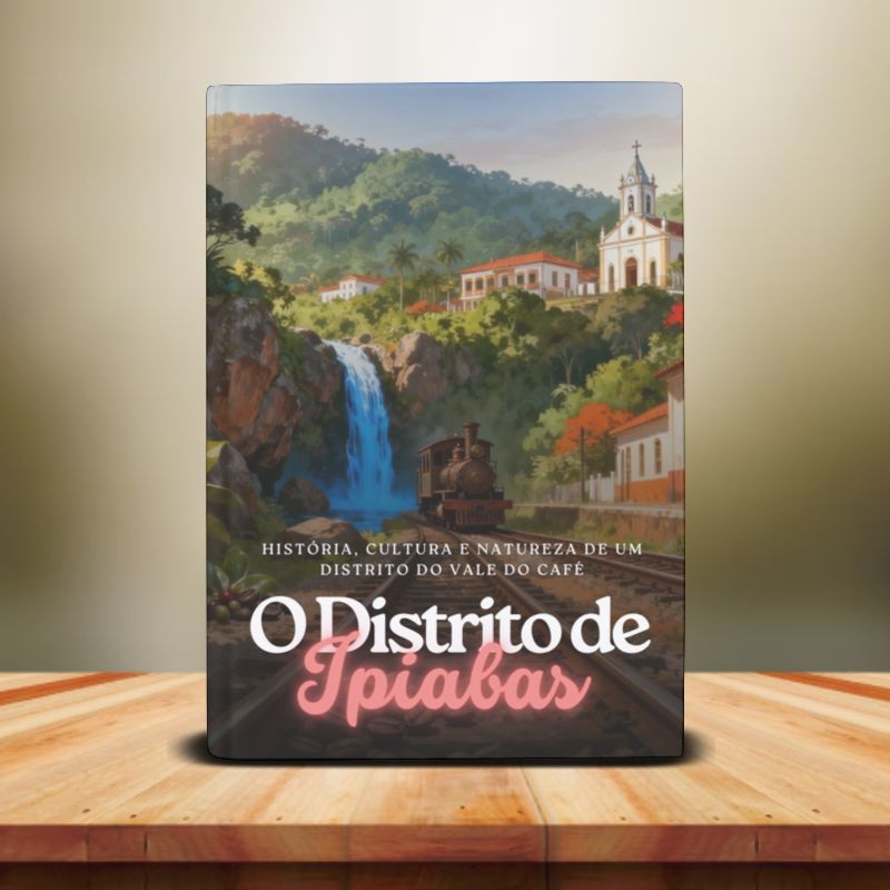 Fotografia de estúdio de um livro em pé sobre uma mesa de madeira clara. A capa ilustra uma paisagem de Ipiabas com uma cachoeira, uma igreja histórica e uma locomotiva a vapor sobre trilhos, sob o título O Distrito de Ipiabas. O fundo é um gradiente desfocado em tons de bege.