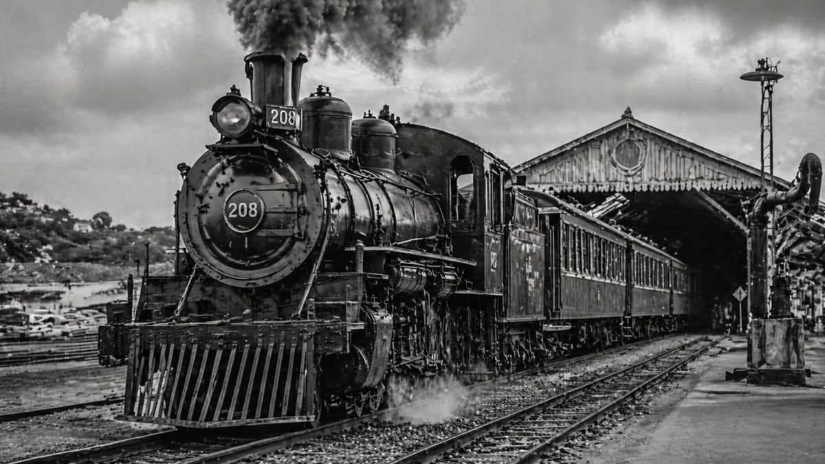 Fotografia em escala de cinza de uma antiga locomotiva a vapor numerada duzentos e oito estacionada em uma plataforma ferroviária.