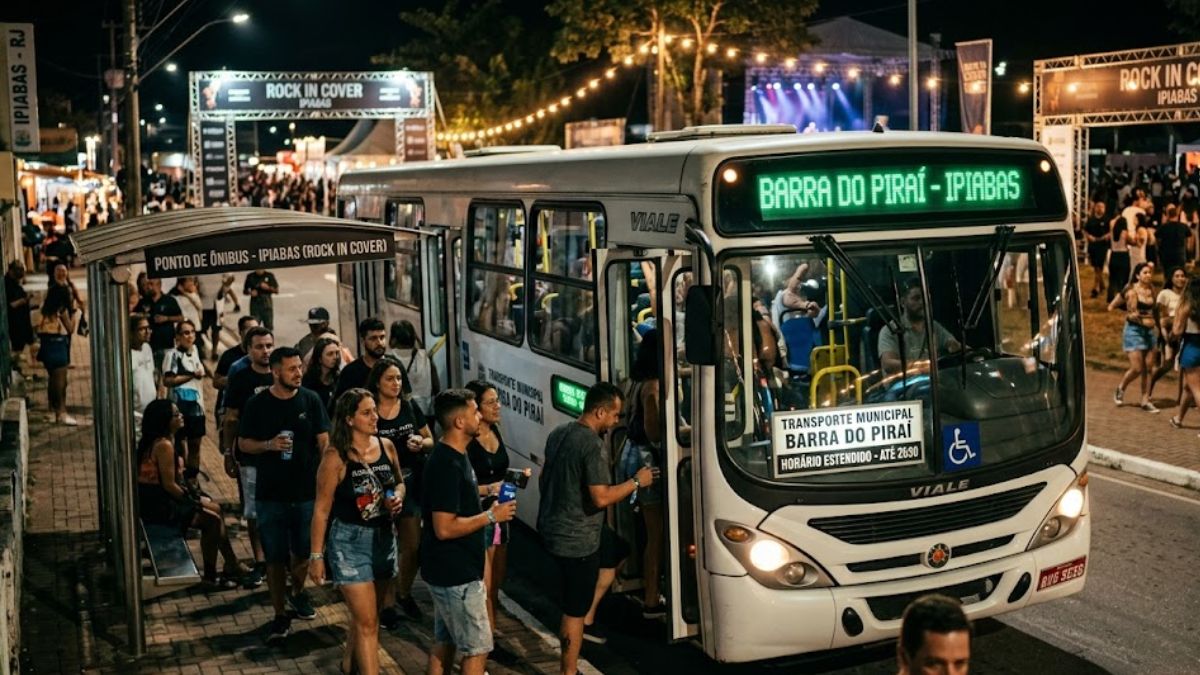 Fotografia noturna de um ônibus branco estacionado em um ponto iluminado com passageiros embarcando e cenário de festival ao fundo.