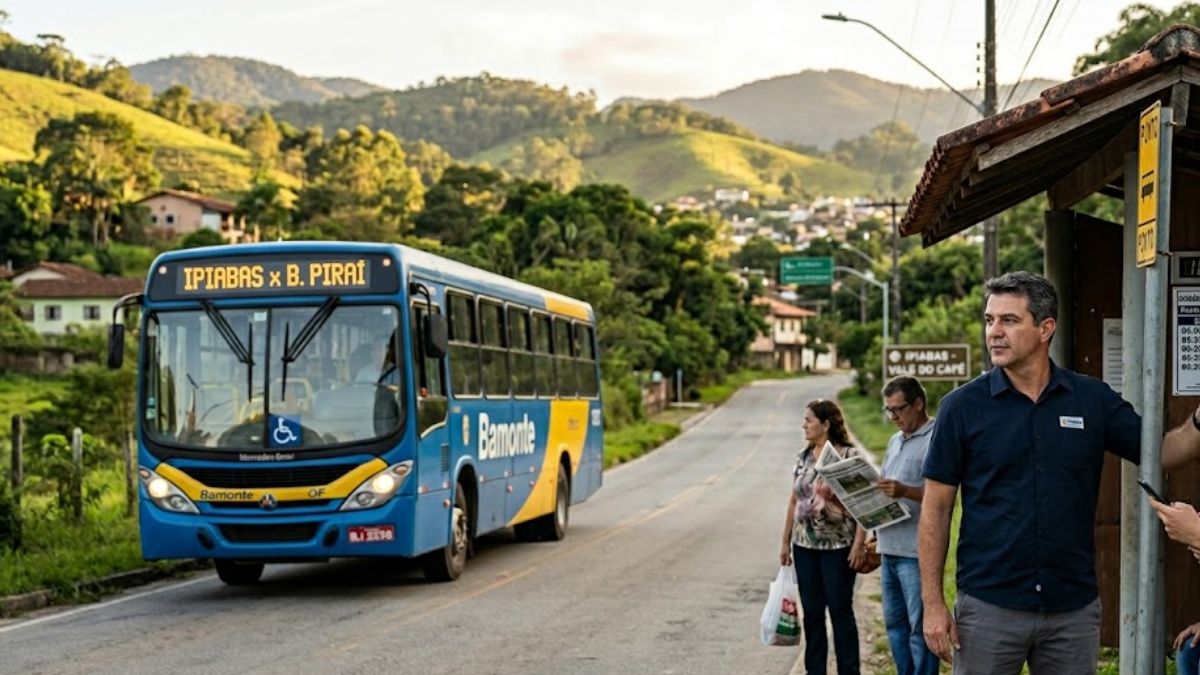 Fotografia colorida mostra um ônibus azul e amarelo da Bamonte parado em uma estrada sinuosa de Ipiabas. No ponto de ônibus à direita, três pessoas esperam, e um homem de camisa azul olha para a paisagem montanhosa ao fundo. O letreiro do ônibus indica IPIABAS X B. PIRAÍ.