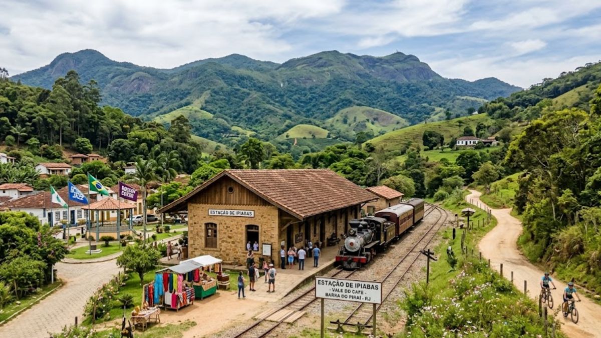 Fotografia profissional mostrando a Estação Ferroviária de Ipiabas com uma locomotiva histórica, ciclistas em trilha lateral e montanhas verdes ao fundo