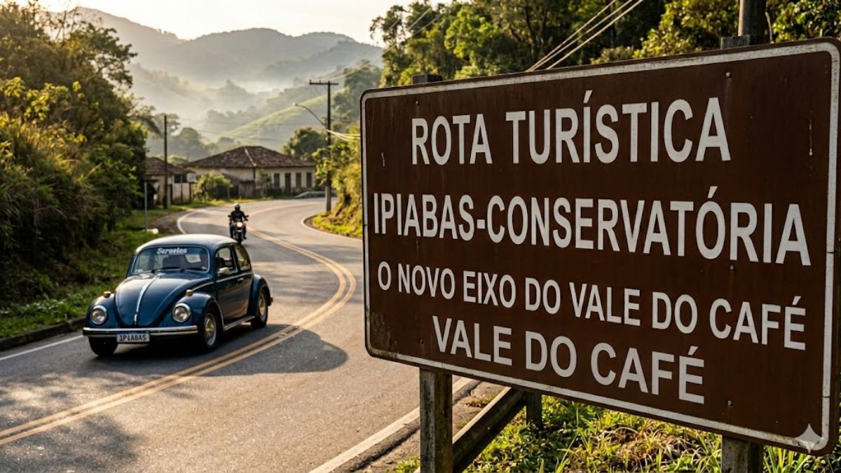 Uma placa turística marrom no primeiro plano à direita com texto em branco indicando Rota Turística Ipiabas Conservatória O Novo Eixo do Vale do Café Vale do Café. No plano de fundo, uma estrada sinuosa de asfalto com um fusca azul clássico dirigindo e um motociclista à distância. A estrada é cercada por colinas arborizadas e névoa da manhã.