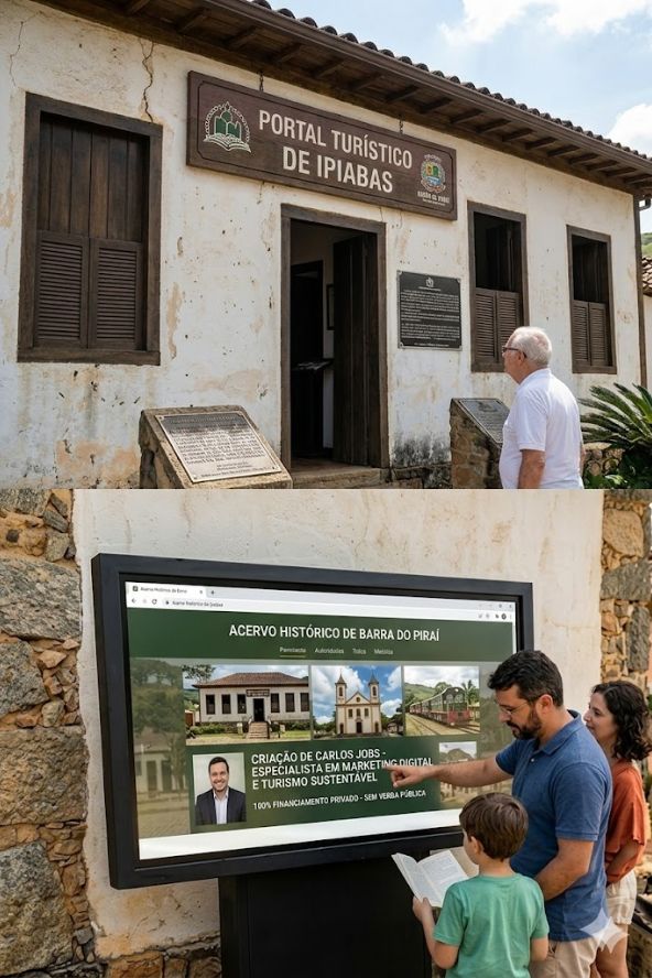 Fotografia ultra realista dividida verticalmente. Na parte superior, um idoso observa o letreiro de madeira "PORTAL TURÍSTICO DE IPIABAS" e placas históricas na fachada de um casarão colonial branco com janelas de madeira. Na parte inferior, uma família (homem, mulher e criança) interage com um grande quiosque digital de tela sensível ao toque, montado em uma parede de pedra, que exibe a página "ACERVO HISTÓRICO DE BARRA DO PIRAÍ" com a foto e o nome de Carlos Jobs.