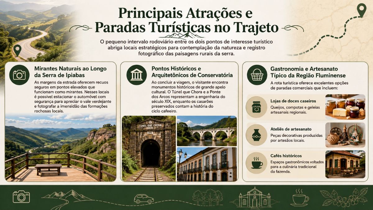Infográfico sobre atrações turísticas entre Ipiabas e Conservatória, destacando mirantes da serra, pontos históricos e gastronomia regional fluminense.