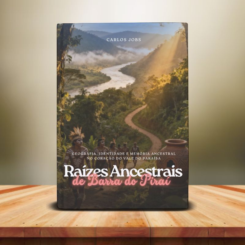 Uma fotografia de estúdio de um livro de capa dura intitulado Raízes Ancestrais de Barra do Piraí, de Carlos Jobs, em pé sobre uma mesa de madeira polida. A capa do livro apresenta uma imagem evocativa de um grupo de indígenas caminhando por um caminho de terra em um vale de rio densamente florestado, sob um nascer do sol dourado e enevoado. No primeiro plano, à direita, há uma grande panela de barro artesanal. O fundo é um gradiente suave e desfocado de cinza e creme.