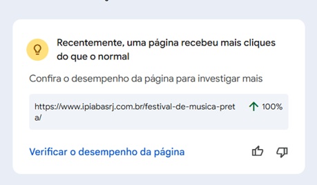 Captura de tela do Google Search Console mostrando aumento de cem por cento nos cliques para a página do festival.