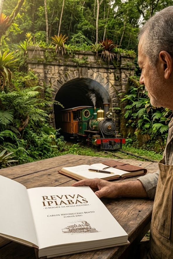Fotografia em close-up de um homem idoso com um avental de couro, sentado a uma mesa rústica de madeira em uma área de selva densa. Ele está segurando e olhando para um livro aberto intitulado "Reviva Ipiabas". Ao fundo, através de um antigo túnel de trem de pedra, uma locomotiva a vapor verde e dourada está saindo.