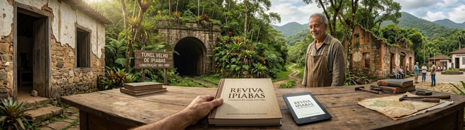 Montagem fotográfica panorâmica mostrando o Túnel Velho de Ipiabas ao fundo, cercado por vegetação densa. Em primeiro plano, uma mesa de madeira exibe o livro físico e a versão digital da obra Reviva Ipiabas, enquanto um homem sorridente observa a cena ao lado de ruínas históricas.