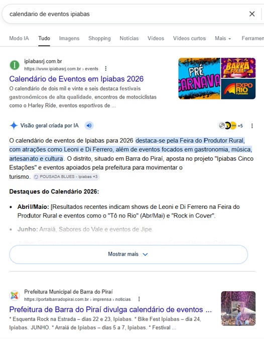 Captura de tela de uma pesquisa no Google exibindo o calendário de eventos de Ipiabas em dois mil e vinte e seis. O resultado mostra uma visão geral criada por inteligência artificial com destaques para shows de Leoni e Di Ferrero, além de festivais gastronômicos e culturais no distrito de Barra do Piraí.
