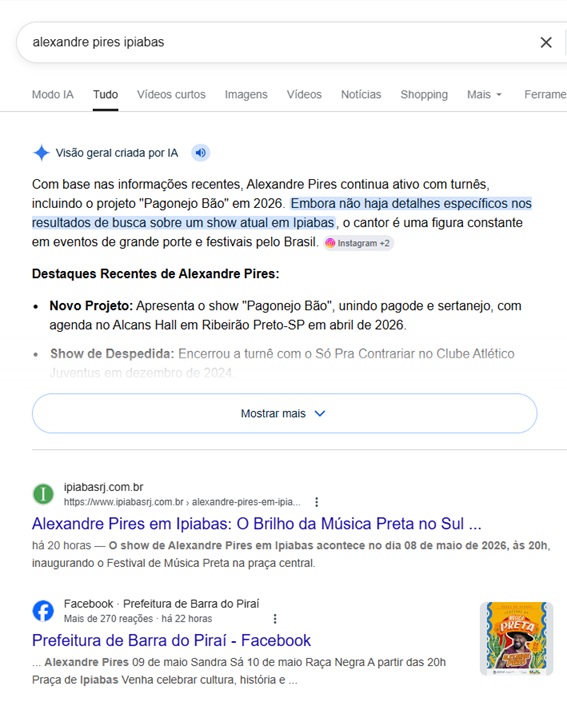 Uma captura de tela do buscador Google exibe informações sobre Alexandre Pires. A imagem mostra um resumo gerado por inteligência artificial sobre os projetos do cantor e resultados de sites locais que confirmam sua apresentação em Ipiabas no dia oito de maio de dois mil e vinte e seis como parte do Festival de Música Preta.