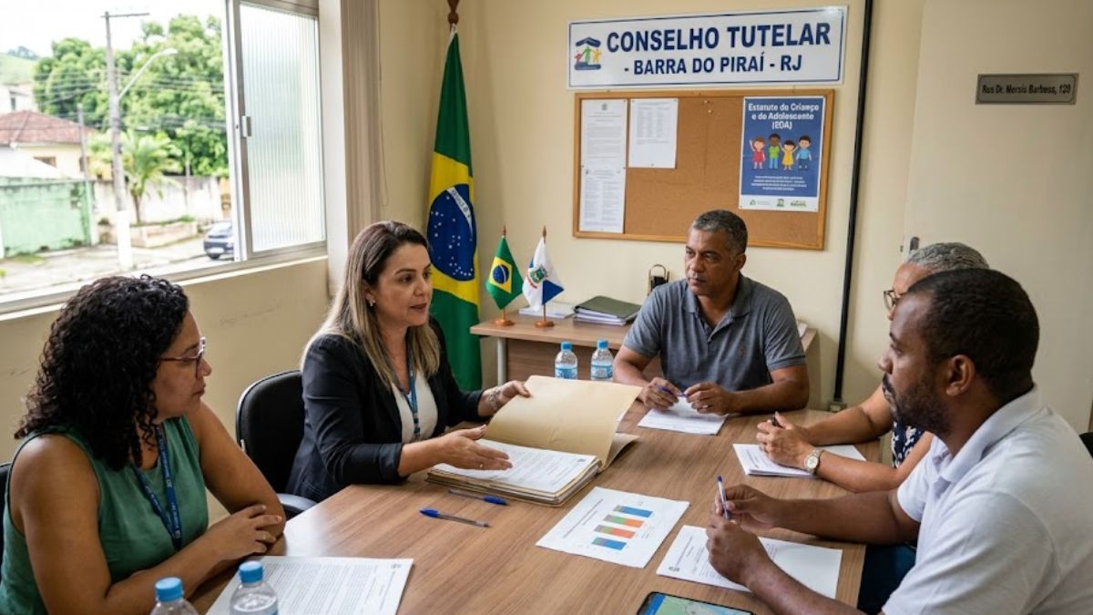 Fotografia ultra realista de uma reunião entre conselheiros tutelares em uma sala com a bandeira do Brasil e cartazes educativos sobre o Estatuto da Criança e do Adolescente ao fundo.