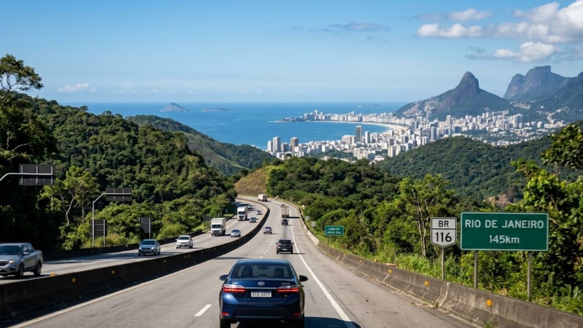 Fotografia tirada da traseira de um carro azul numa estrada de várias faixas que serpenteia por colinas verdes até uma cidade costeira distante sob um céu azul.