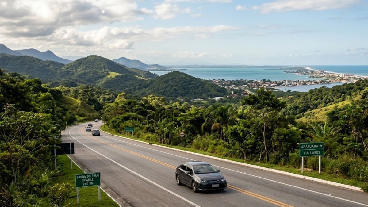Uma vista aérea de uma rodovia sinuosa que atravessa colinas verdes exuberantes em direção a uma baía costeira sob um céu parcialmente nublado no Brasil.
