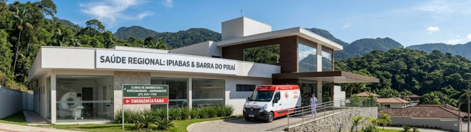 Uma fotografia panorâmica e ultra realista que captura a infraestrutura médica regional entre Ipiabas e Barra do Piraí. Do lado esquerdo, vê-se a fachada de uma unidade de saúde local em Ipiabas com uma ambulância estacionada e montanhas cobertas por Mata Atlântica ao fundo. Uma estrada asfaltada e segura conecta a cena ao lado direito, onde se destaca um complexo médico moderno e amplo em Barra do Piraí com fachada de vidro, estacionamento e placas de identificação legíveis. Profissionais de saúde em jalecos e uniformes são vistos em ambas as localidades, transmitindo credibilidade técnica.