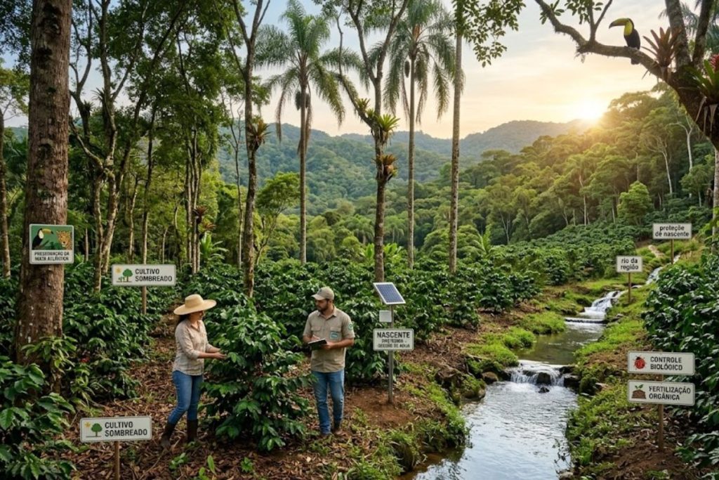 Fotografia colorida e vibrante de uma plantação de café agroflorestal em Ipiabas com um rio claro e uma cachoeira. Ao centro dois especialistas, uma mulher com chapéu e um homem com tablet, monitoram um jovem cafeeiro. O ambiente é repleto de árvores nativas, palmeiras e sinais de manejo sustentável. Na paisagem de montanhas densamente arborizadas ao fundo o sol se põe. O espaço contém sinalização detalhando as práticas de manejo biológico, orgânico e hídrico.