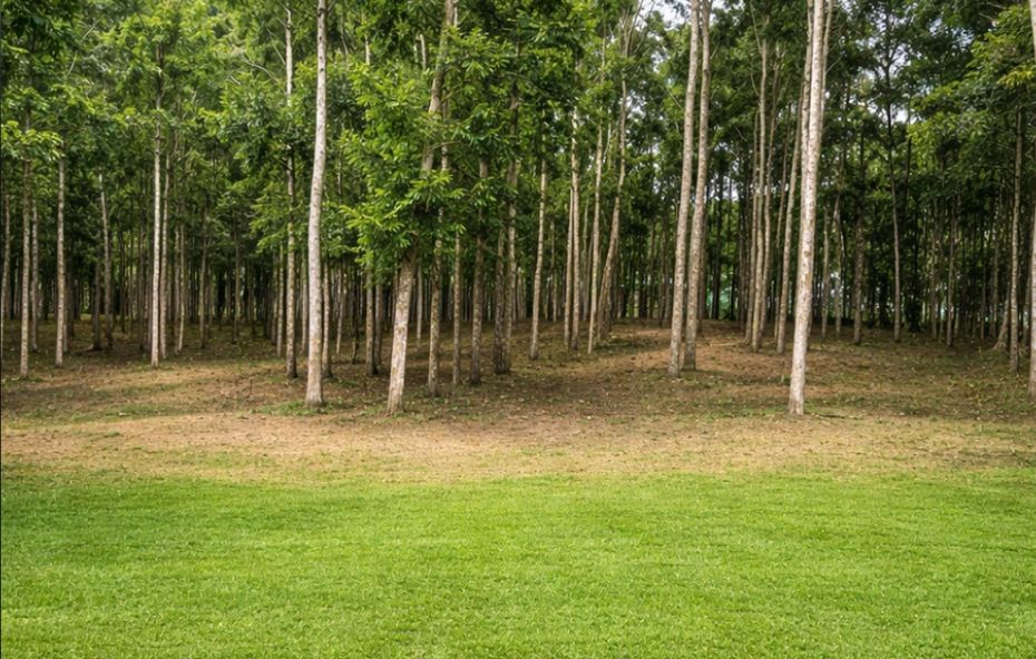 Vista de um gramado verde bem cuidado em primeiro plano seguido por uma densa e organizada mata de árvores altas.