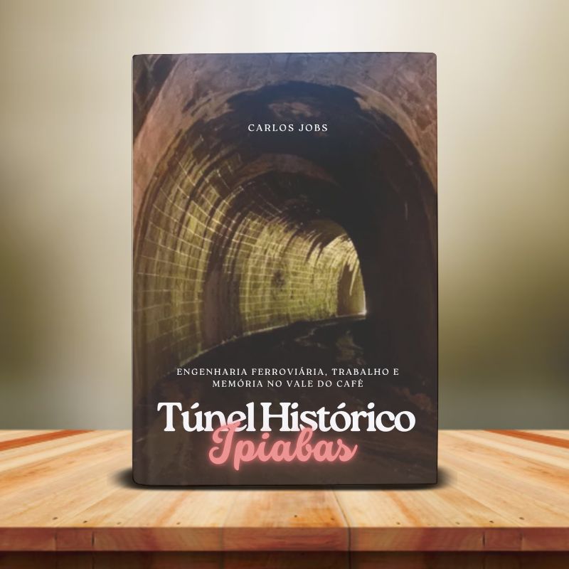 Fotografia de estúdio de um livro em pé sobre uma mesa de madeira. A capa do livro apresenta uma foto em tons de sépia do interior de um túnel de trem de pedra, com a luz do sol brilhando na saída distante. O título "Túnel Histórico Ipiabas" está escrito na parte inferior, com "Ipiabas" em uma fonte rosa neon e o subtítulo "Engenharia Ferroviária, Trabalho e Memória no Vale do Café" logo acima. O nome do autor "Carlos Jobs" está no topo. O fundo é um gradiente desfocado de cinza e verde.