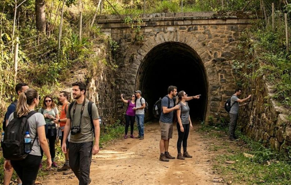 Fotografia realista de um grupo de turistas com mochilas e câmeras em frente a um túnel ferroviário antigo de pedra.