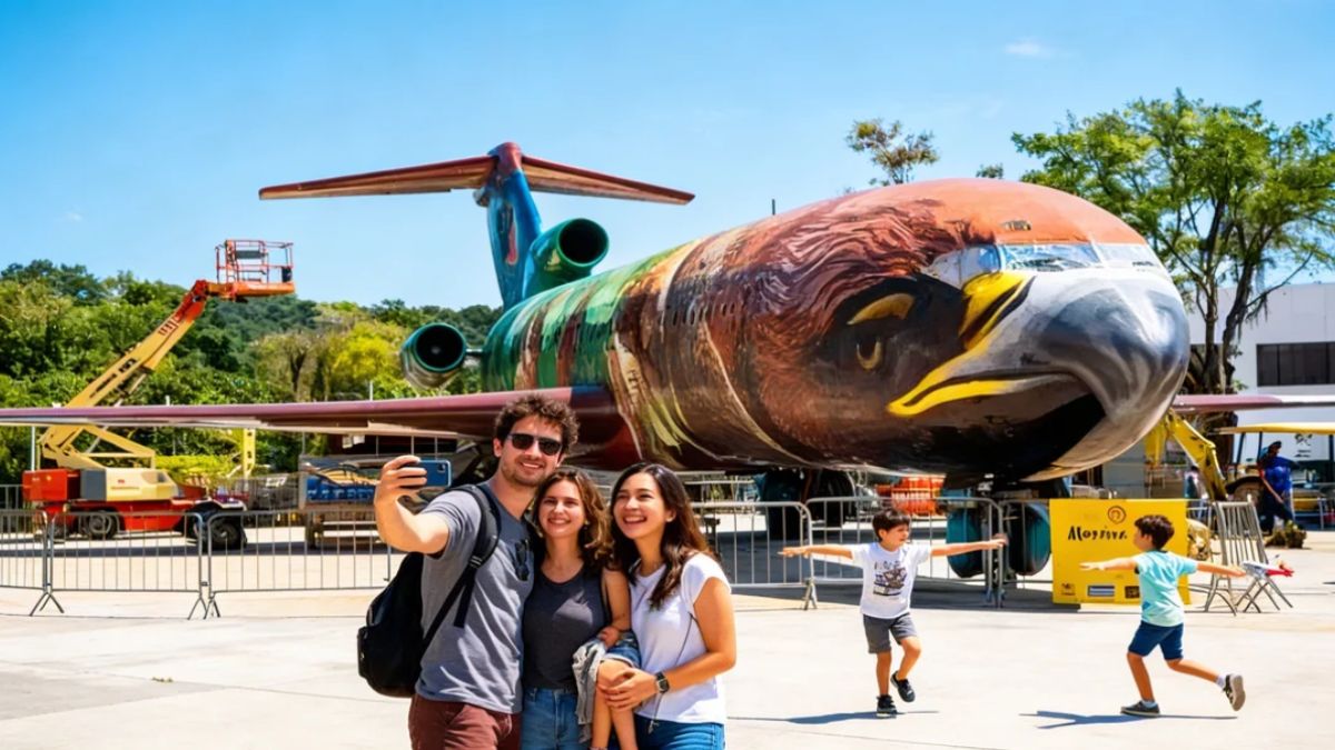 Um homem e duas mulheres sorriem para uma selfie em frente a um grande avião colorido com pintura de águia enquanto crianças brincam ao fundo em uma praça ensolarada.